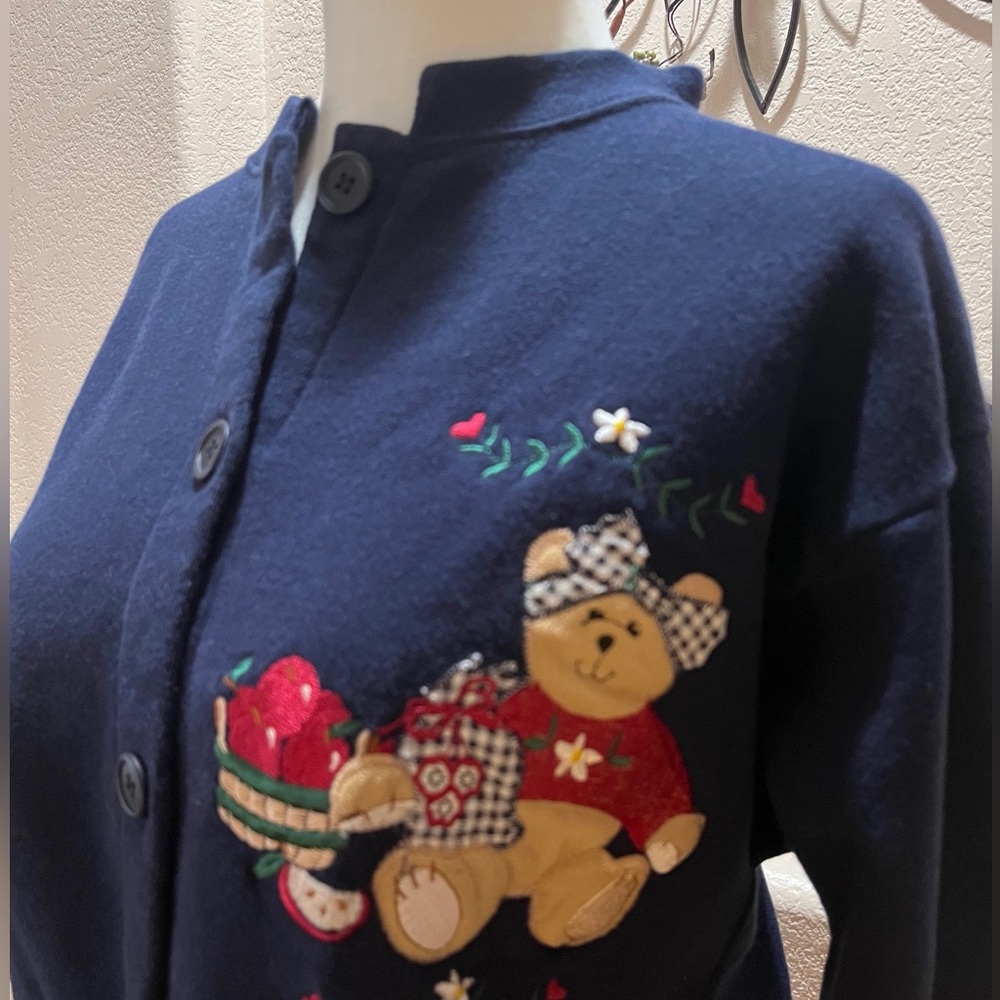 Fall Navy Fleece Teddy Bear Apple Embroidered Cardigan Teacher Appliqué Medium